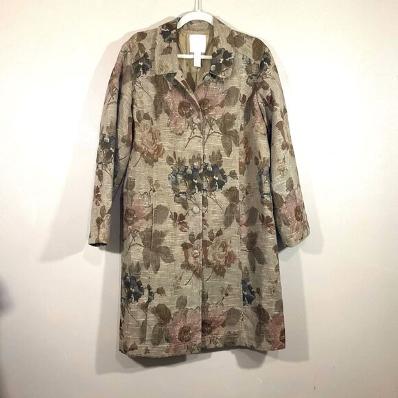 VTG J Jill Womens Floral Tapestry Jacket L Tan 90s Jacquard Cottage Hippie Fairy